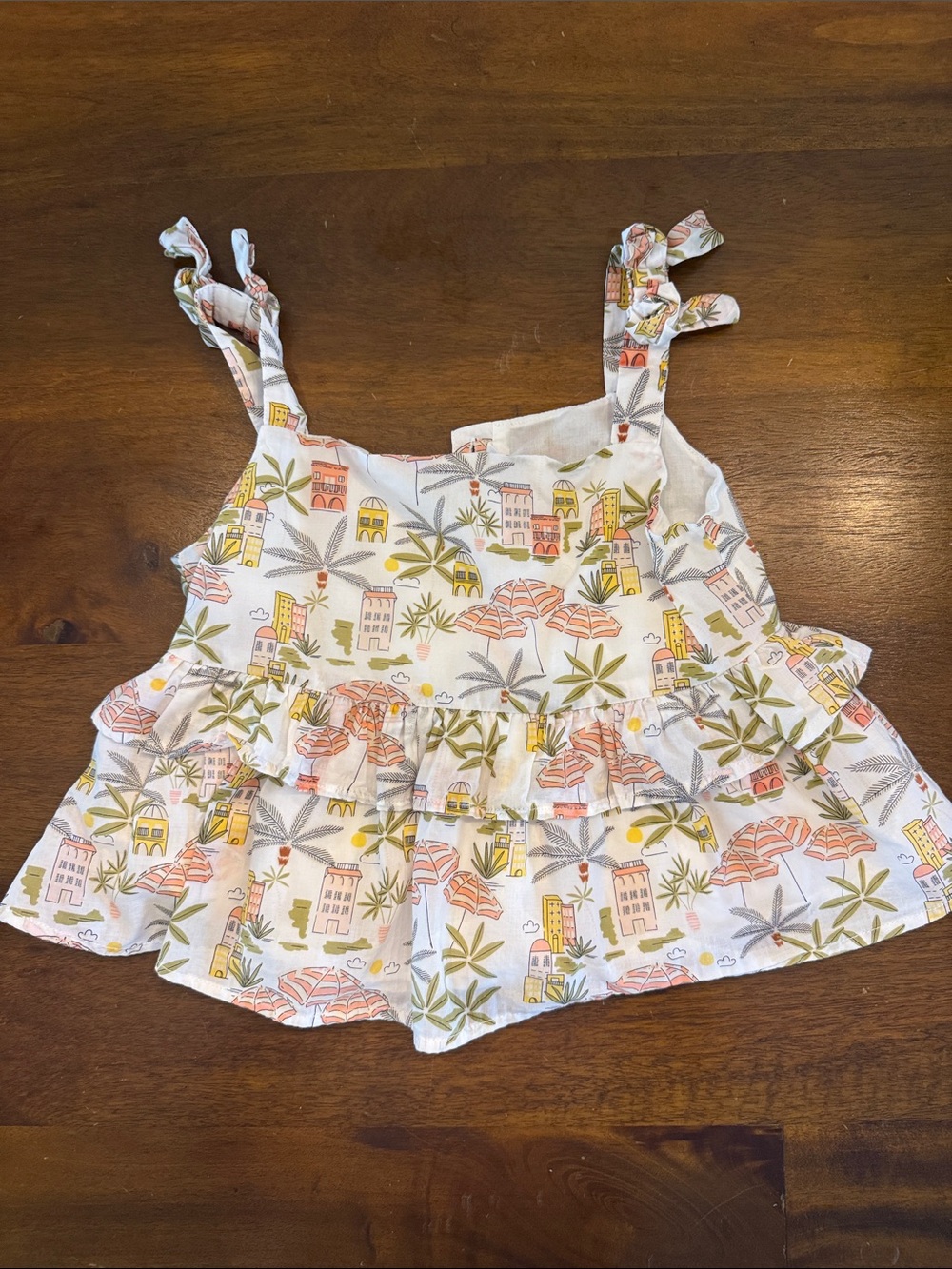 Girls White Ruffle Tank Top with Tropical Print
